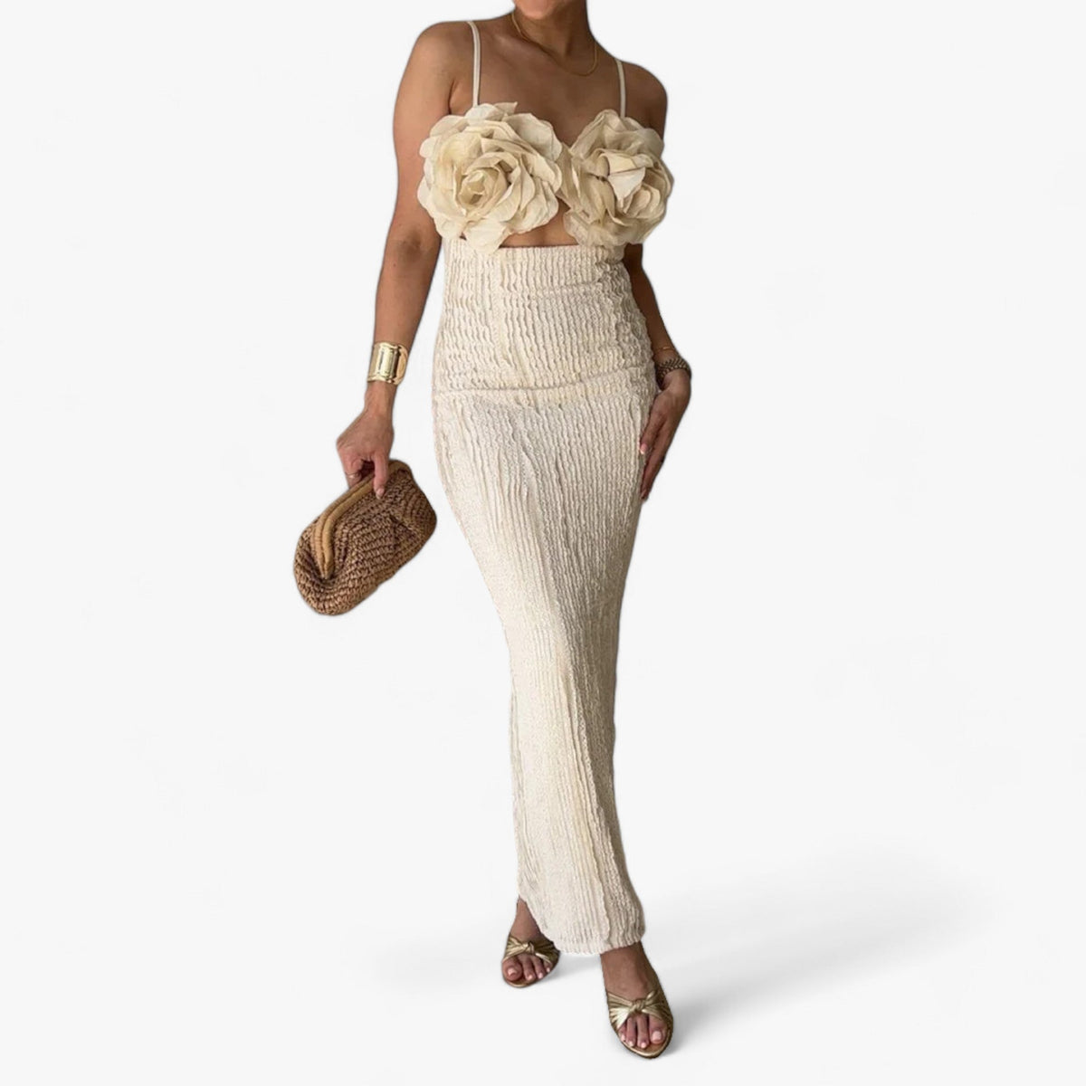 men's fashion : SALOMI Maxi jurk met structuur en oversized lijfje - Moeiteloze elegantie in Abrikoos van Pantino