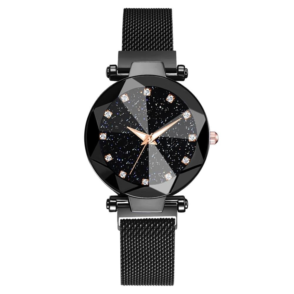watches : Kristal Sterren Horloge Met Magnetisch Sluitbaar Bandje | Galaxy Look in Zwart van Pantino