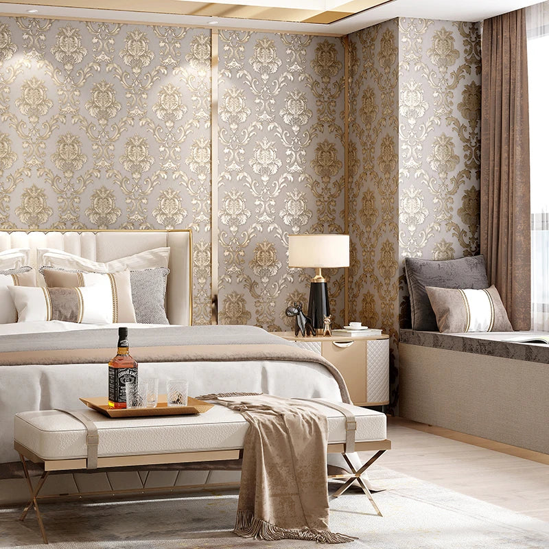 home & garden : Khaki Antiek Goud Damast Behang in van Pantino
