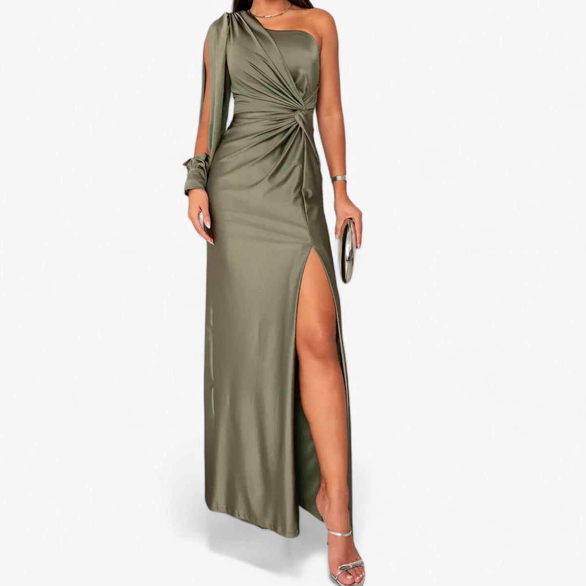 men's fashion : Évora Satijnen Maxi Dress - Elegant en Comfortabel in Kaki groen van Pantino