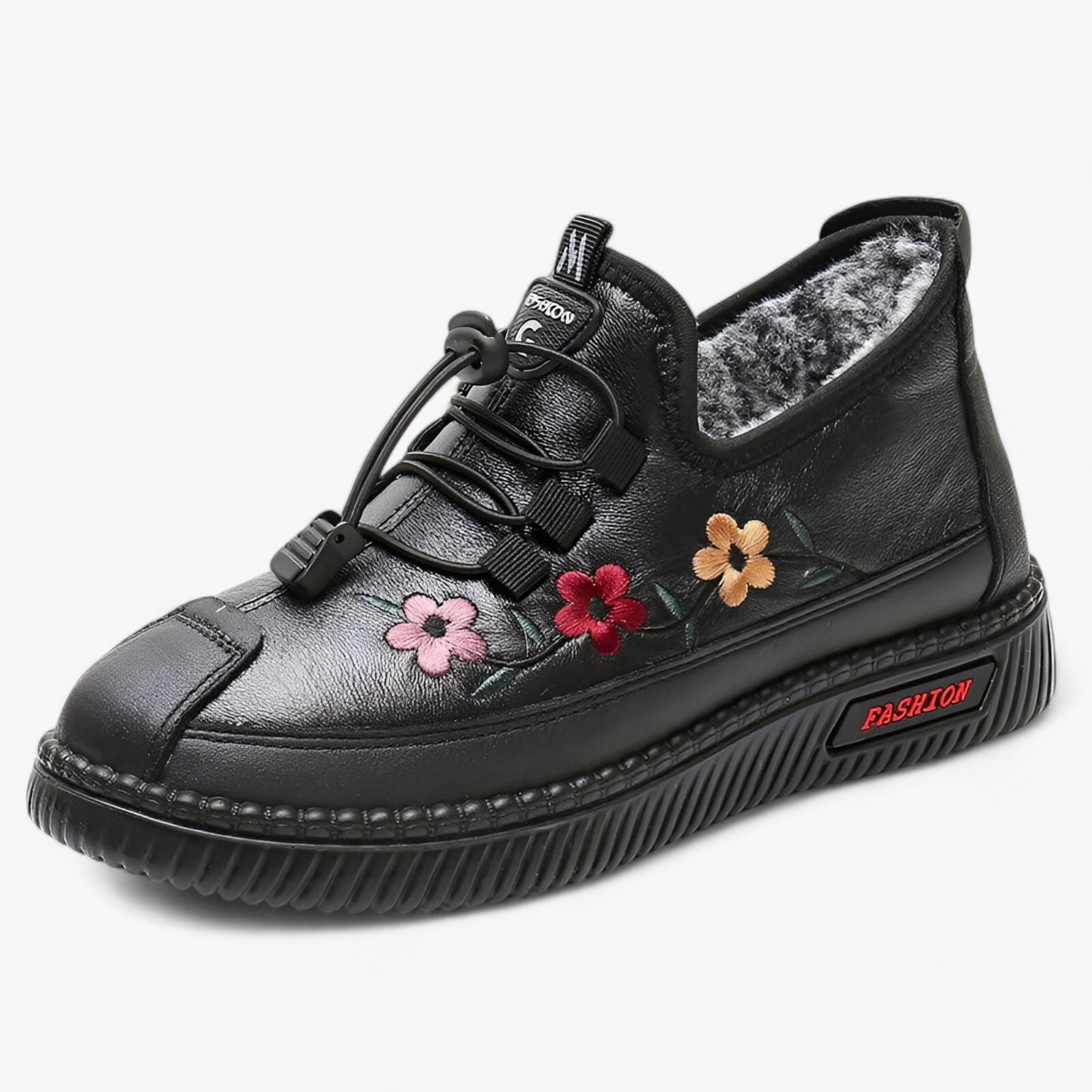 other : Grace | Leren Mocassins met Bont - Zachte Warmte voor het Comfort van Ouderen in Zwarte Pluche van Pantinoshop