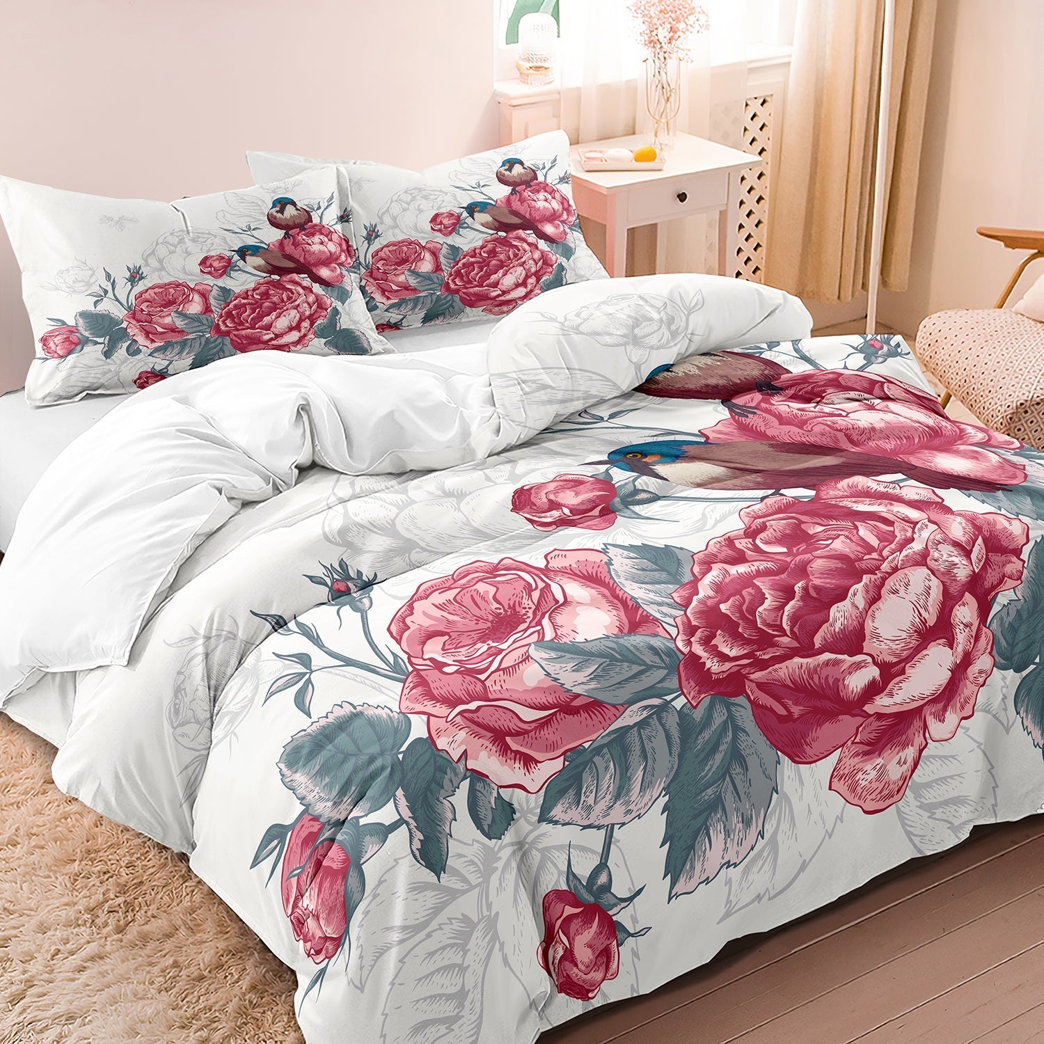 Luxe Layers - Bloemen Vogel Zachte Doona Dekbedovertrek Beddengoed Set - EU King - Home & Garden - Pantino