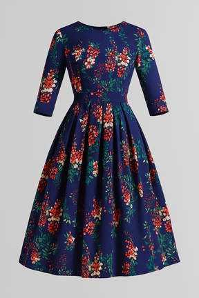 Midi-jurk met bloemenprint en 3/4-mouwen Dames