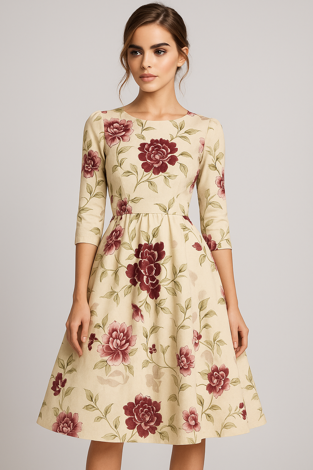 Midi-jurk met bloemenprint en 3/4-mouwen Dames