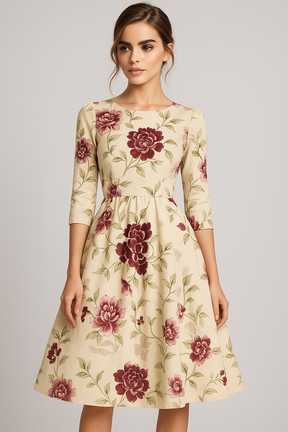 Midi-jurk met bloemenprint en 3/4-mouwen Dames