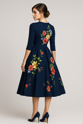 Midi-jurk met bloemenprint en 3/4-mouwen Dames