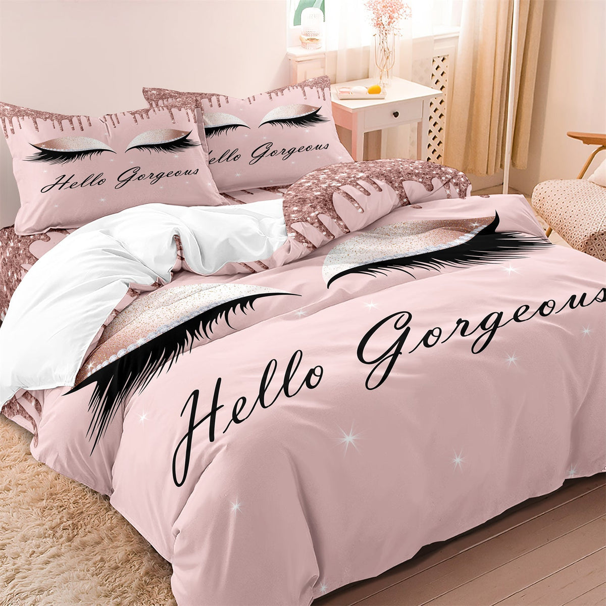 Luxe Layers - Hello Gorgeous Oog Wimper Gedrukte Dekbedovertrek Beddengoed Set - EU King - Home & Garden - Pantino