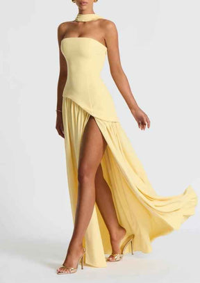 Robe longue fluide fendue femme - Élégante, confortable, sans bretelles avec ruban