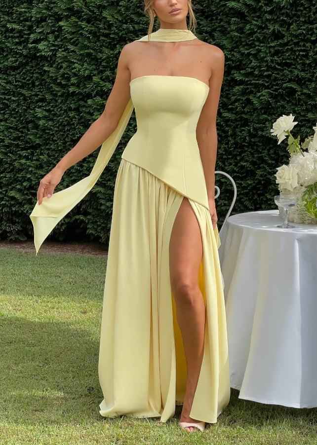 Robe longue fluide fendue femme - Élégante, confortable, sans bretelles avec ruban