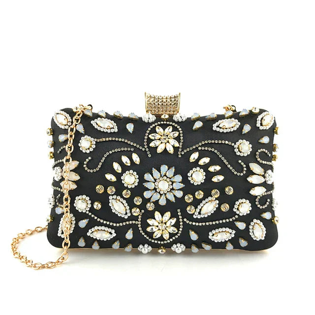 Valencia - Versierde clutch met bloemenparelversiering - Zwart - Accessoires - Pantino