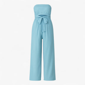 Jumpsuit : Bella | Strapless wijde zomerjumpsuit in Lichtblauw van Pantino