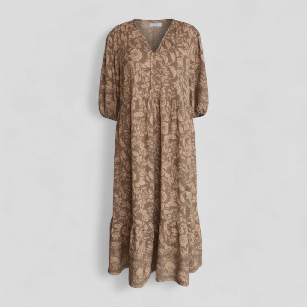 Women Set : Micola | Dames Elegante Zomerjurk met Bloemenprint in Bruin van Pantino