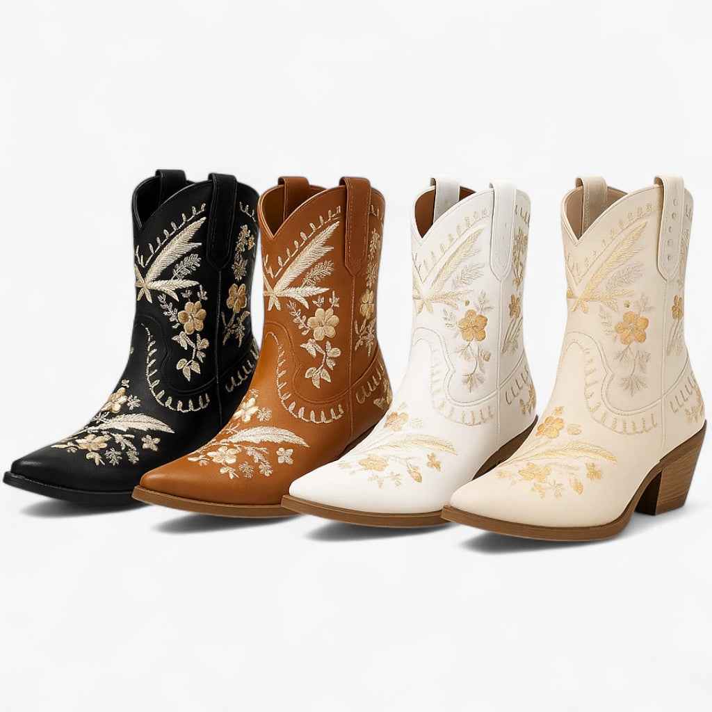 Sandals : Daisy | Ruskind westernlaarzen met brede hak in cowgirlstijl in van Pantinoshop
