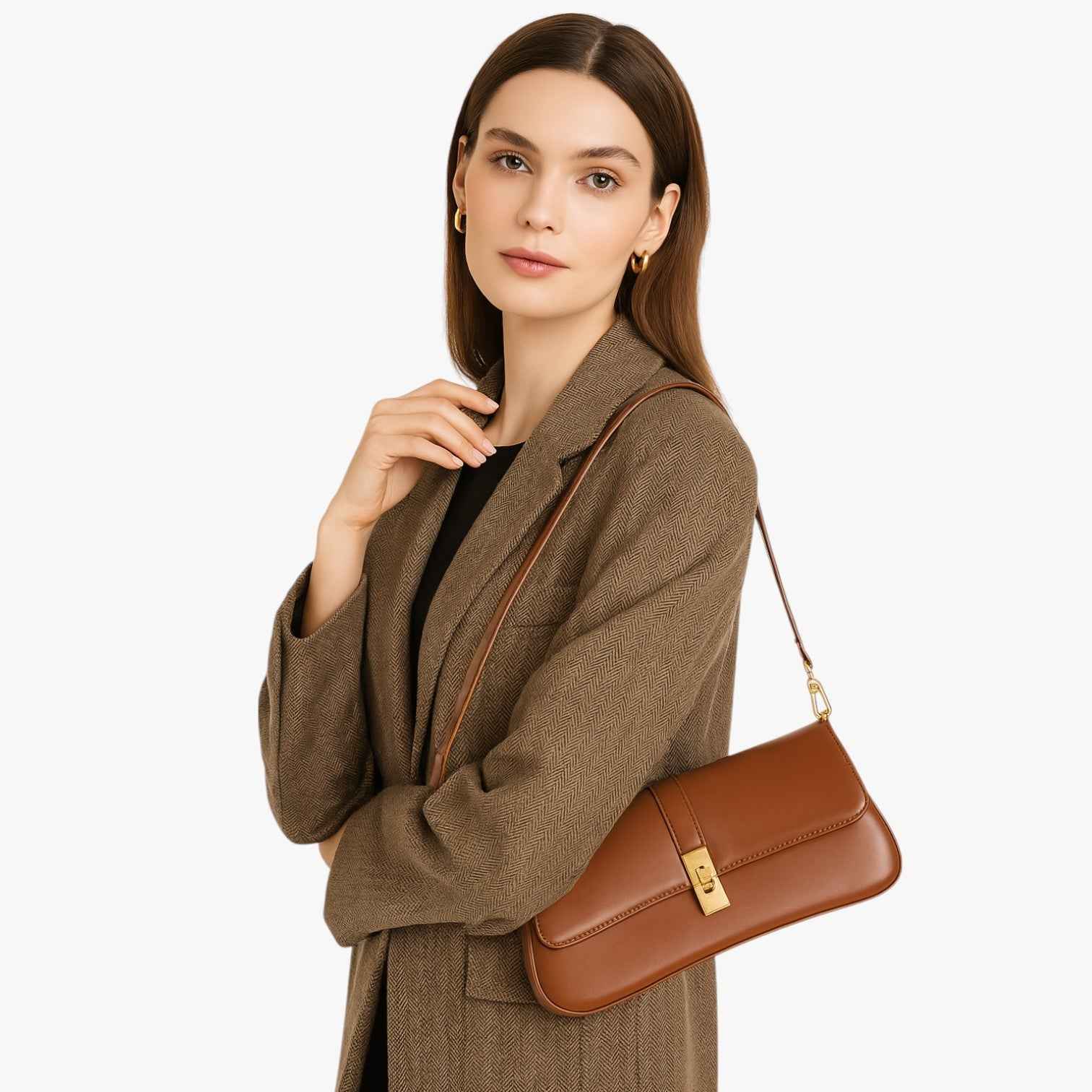 Dames Baguette Tas van Echt Zwart Luxe Leer, Elegant en Compact