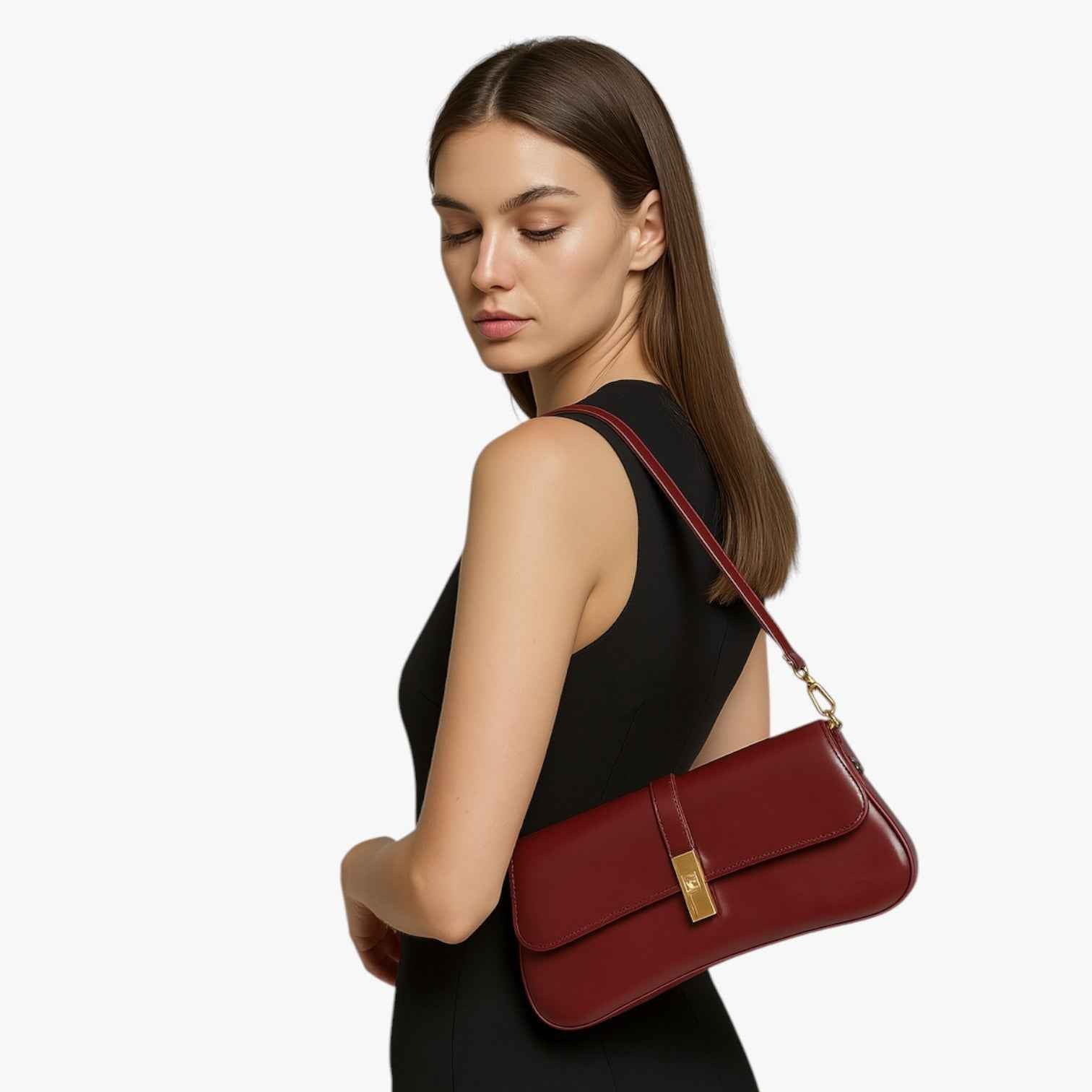 Dames Baguette Tas van Echt Zwart Luxe Leer, Elegant en Compact