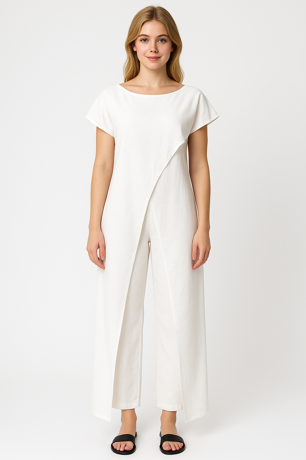 Elegant damesæt med crop top og højtaljede bukser - afslappet sommerdragt