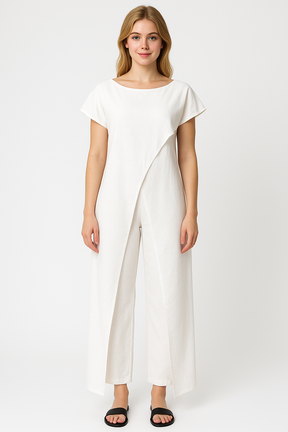 Elegant damesæt med crop top og højtaljede bukser - afslappet sommerdragt