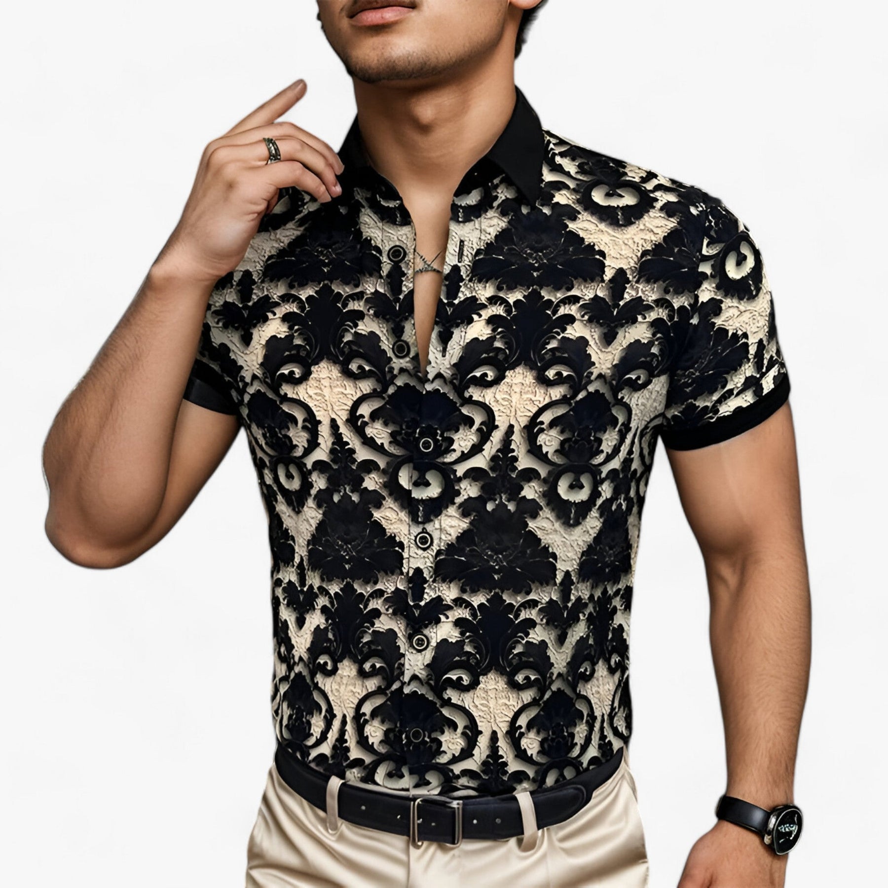 Clothes : CoolFit | Stretch overhemd met opstaande kraag en 3D-bloemenprint - Modern design met comfort in van Pantino
