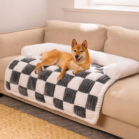 Cream Square Plaid Cozy Dog Mat Furniture Protector Cover - Black - Couch Cover - Pantino