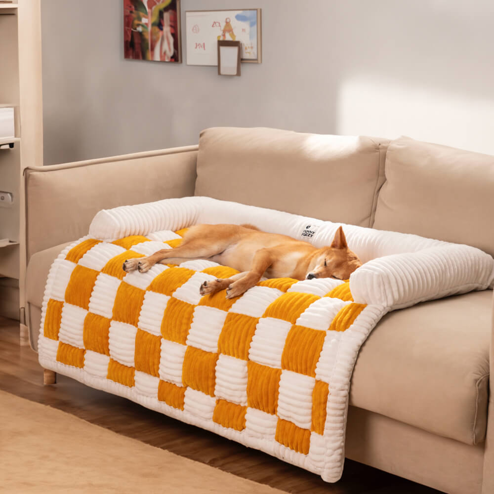 Cream Square Plaid Cozy Dog Mat Furniture Protector Cover - - Couch Cover - Pantino