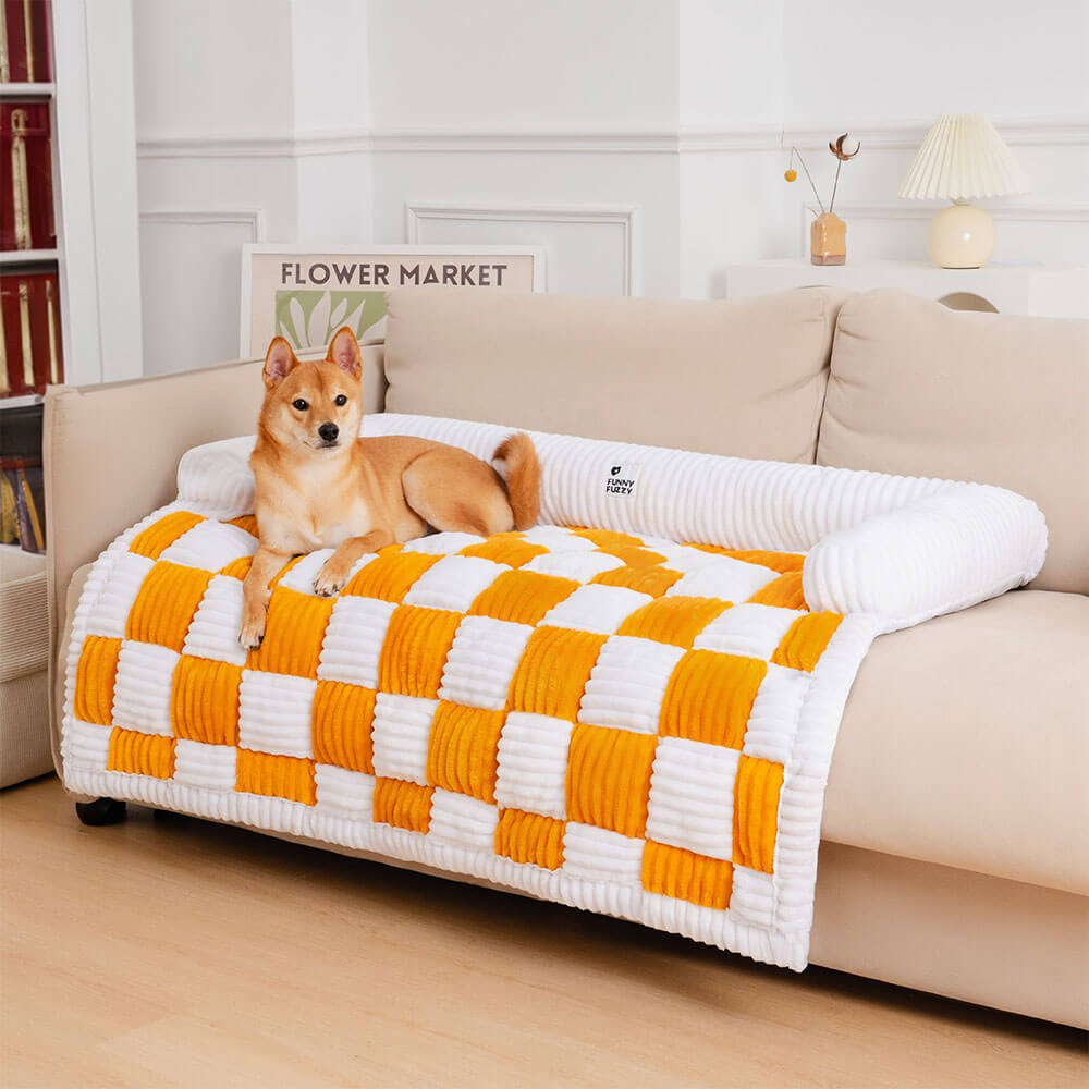 Cream Square Plaid Cozy Dog Mat Furniture Protector Cover - Yellow - Couch Cover - Pantino