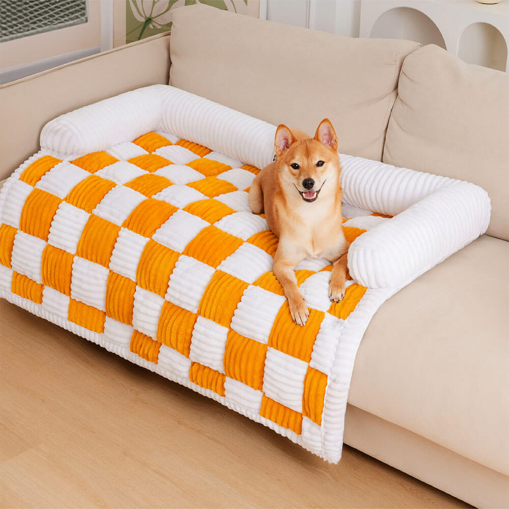 Cream Square Plaid Cozy Dog Mat Furniture Protector Cover - Yellow L - Couch Cover - Pantino