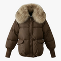 Damska parka brązowa - casualowa zimowa parka z kołnierzem z futra