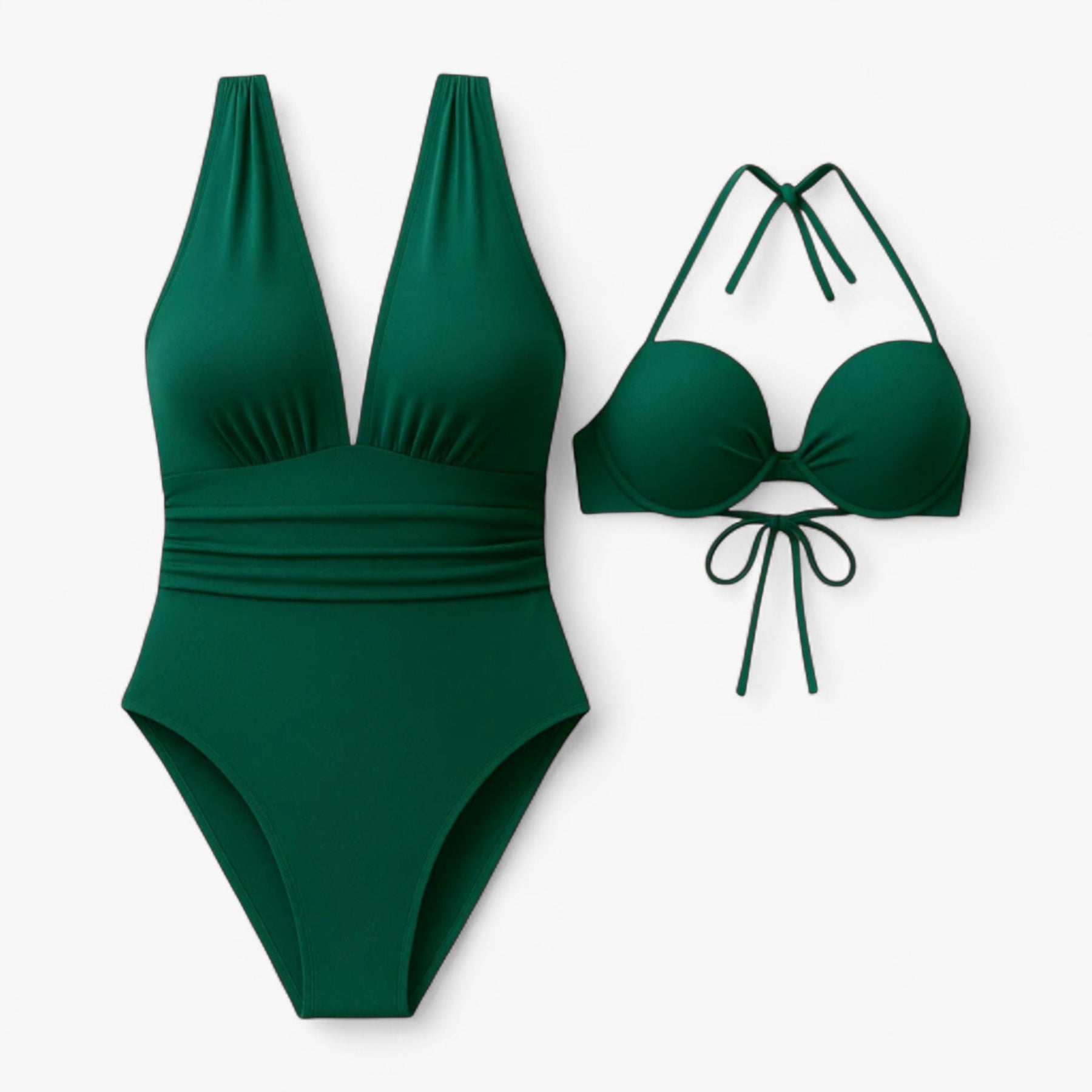Women Set : Camille | Dames Elegant V-Hals Badpak Zwart in Groen van Pantino