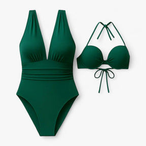 Women Set : Camille | Dames Elegant V-Hals Badpak Zwart in Groen van Pantino