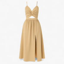 Women's Dress : Jessie | Dames Elegante Midi Jurk met Dunne Bandjes in Kaki van Pantino