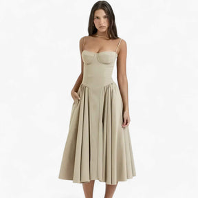 Damesjurken : Midi Jurk Dames Lichtgroen - Elegante Mouwloze in Khaki van Pantino