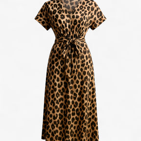 Women's Dress : Almada | Dames Lange Leopardprint Maxi Jurk in Bruin van Pantino