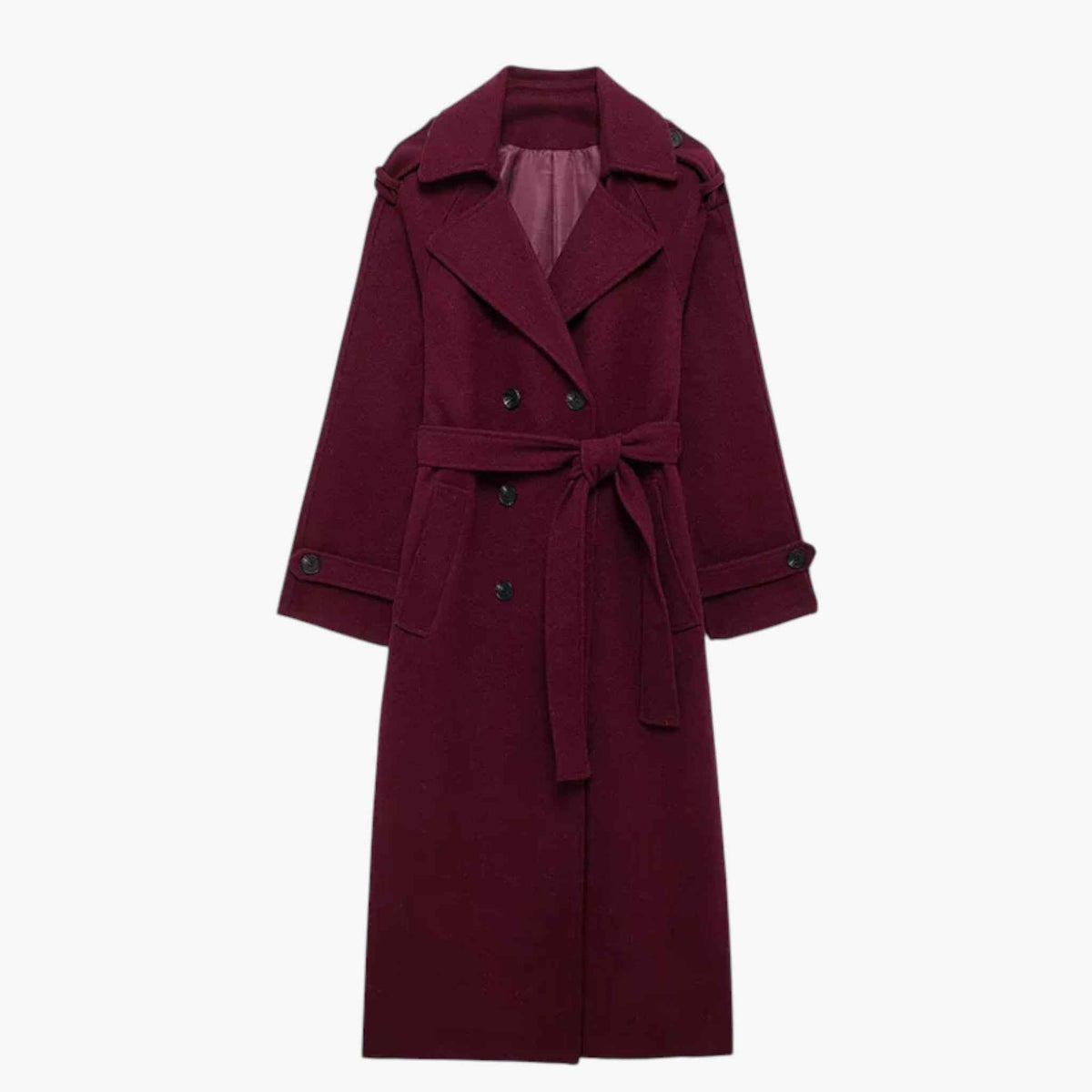 Brianna | Dames Lange Winterjas met Riemen Bordeaux
