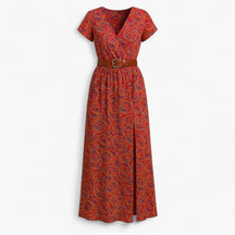 Dress : Nelle | Dames Lange Zomerjurk met Bohémien Stijl in Donkerrood van Pantino