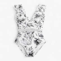 Women's Outfit : Melody | Dames Sexy Badpak met Netdetails in Witte bloemenprint van Pantino