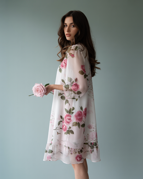 Elegante damesjurk in rode chiffon met petaldetails, ideaal voor ceremonies