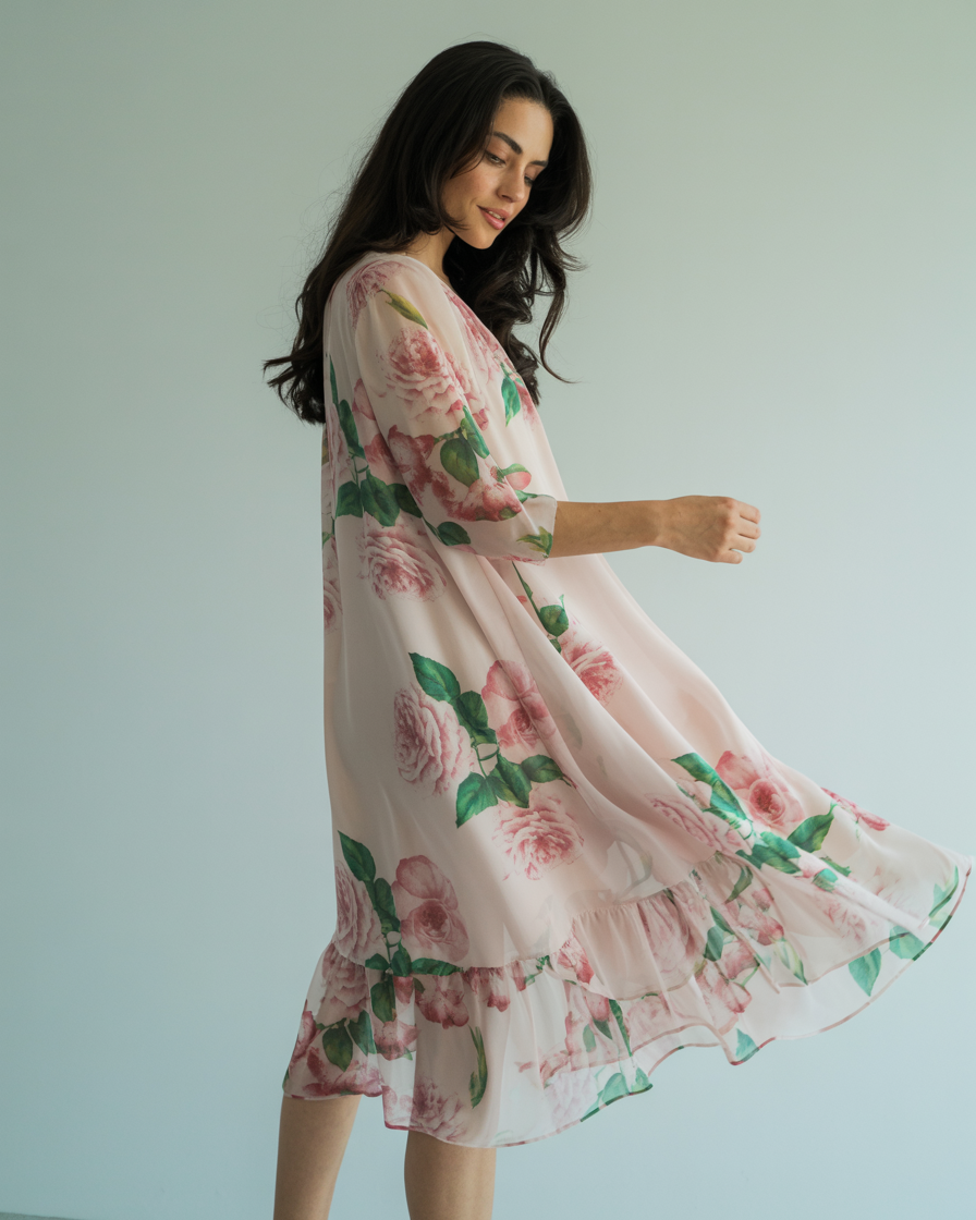 Elegante damesjurk in rode chiffon met petaldetails, ideaal voor ceremonies