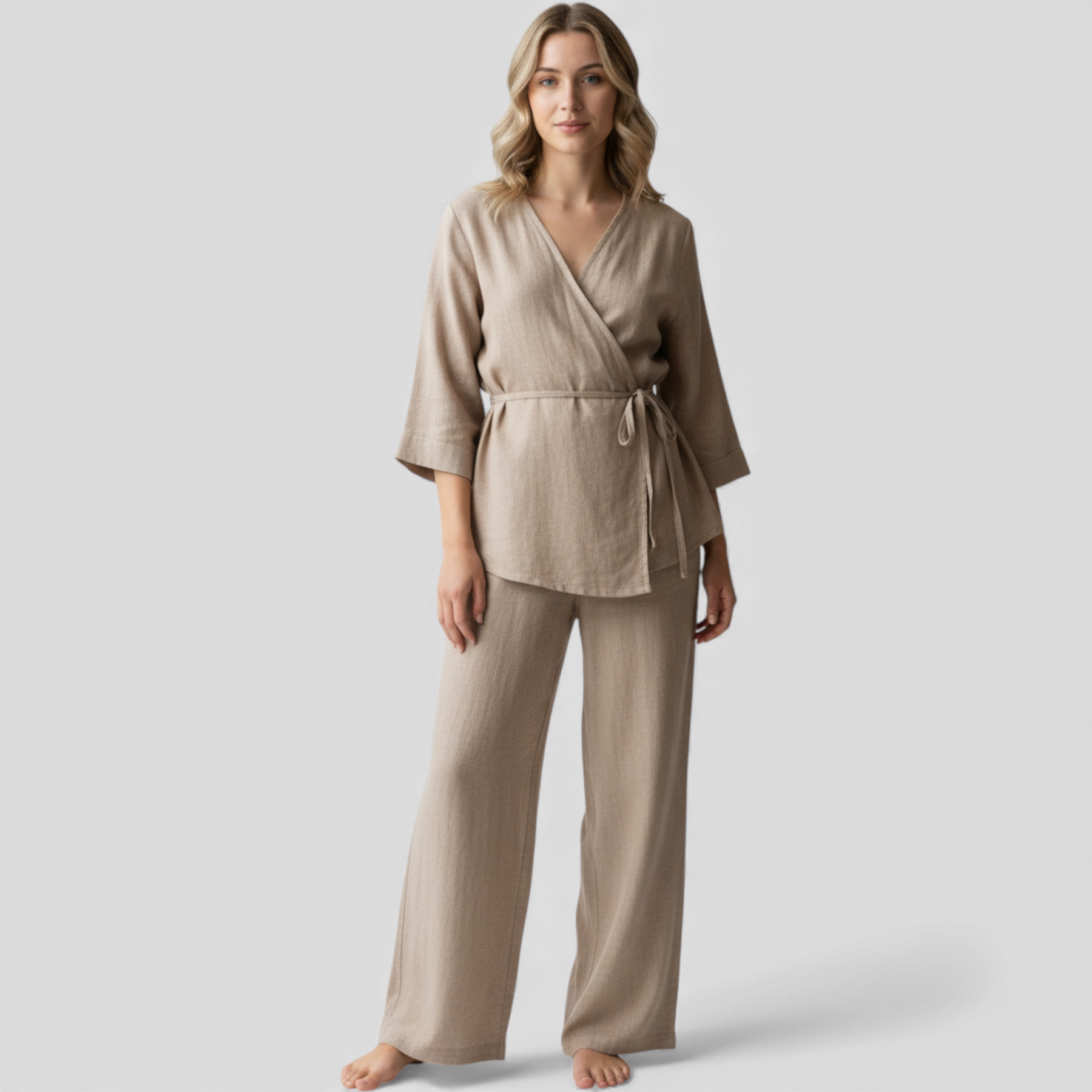 Eleganckie lniane kimono damskie z paskiem - idealne na lato i wiosnę