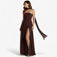 Damesjurken : Bella | Elegante Avond Maxi Jurk met Zijsplit in Bruin van Pantino