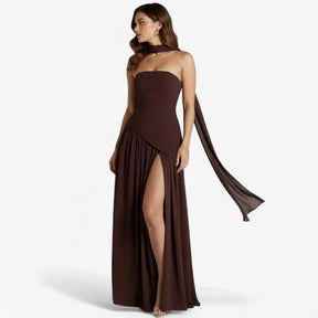 Damesjurken : Bella | Elegante Avond Maxi Jurk met Zijsplit in Bruin van Pantino
