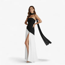 Damesjurken : Bella | Elegante Avond Maxi Jurk met Zijsplit in Zwart Wit van Pantino