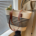 Boho Strandtas Dames Beige - Gestreepte Stro Grote Capaciteit - Stro