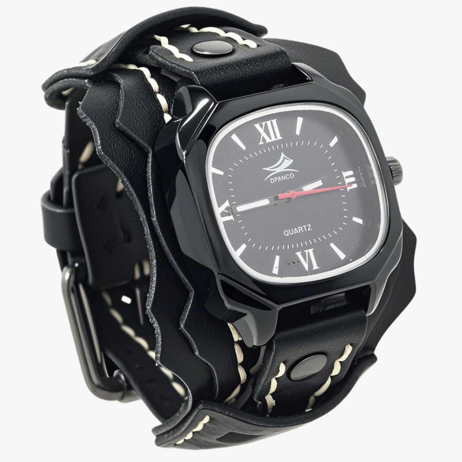 Watches : Alden | Groot Vierkant Herenhorloge met Lederen Band in Zwart van Pantino