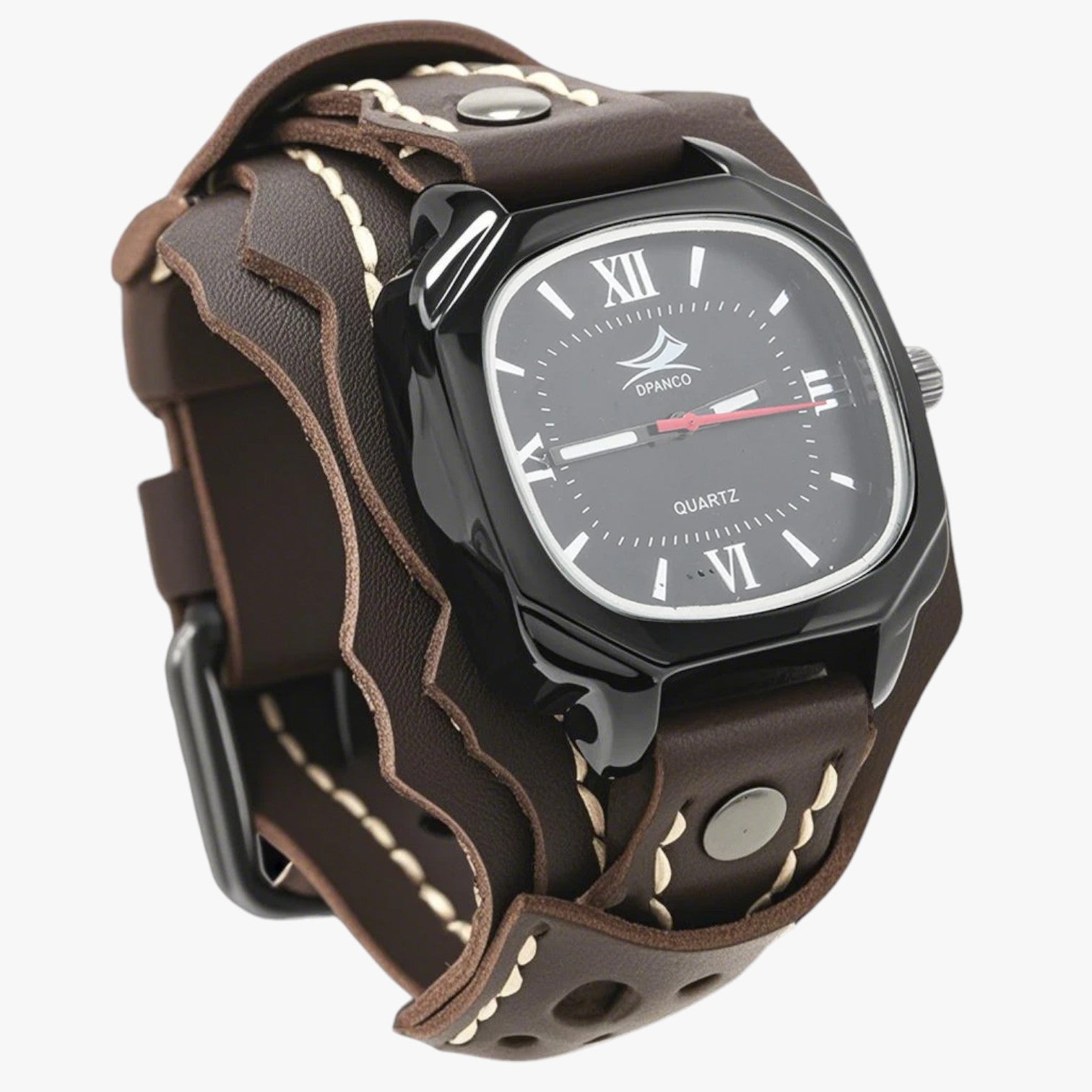 Watches : Alden | Groot Vierkant Herenhorloge met Lederen Band in Donkerbruin van Pantino