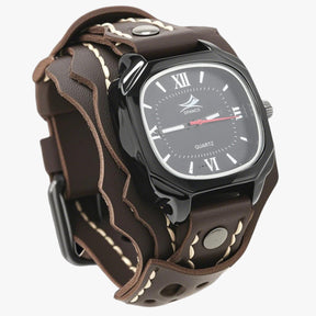 Watches : Alden | Groot Vierkant Herenhorloge met Lederen Band in Donkerbruin van Pantino