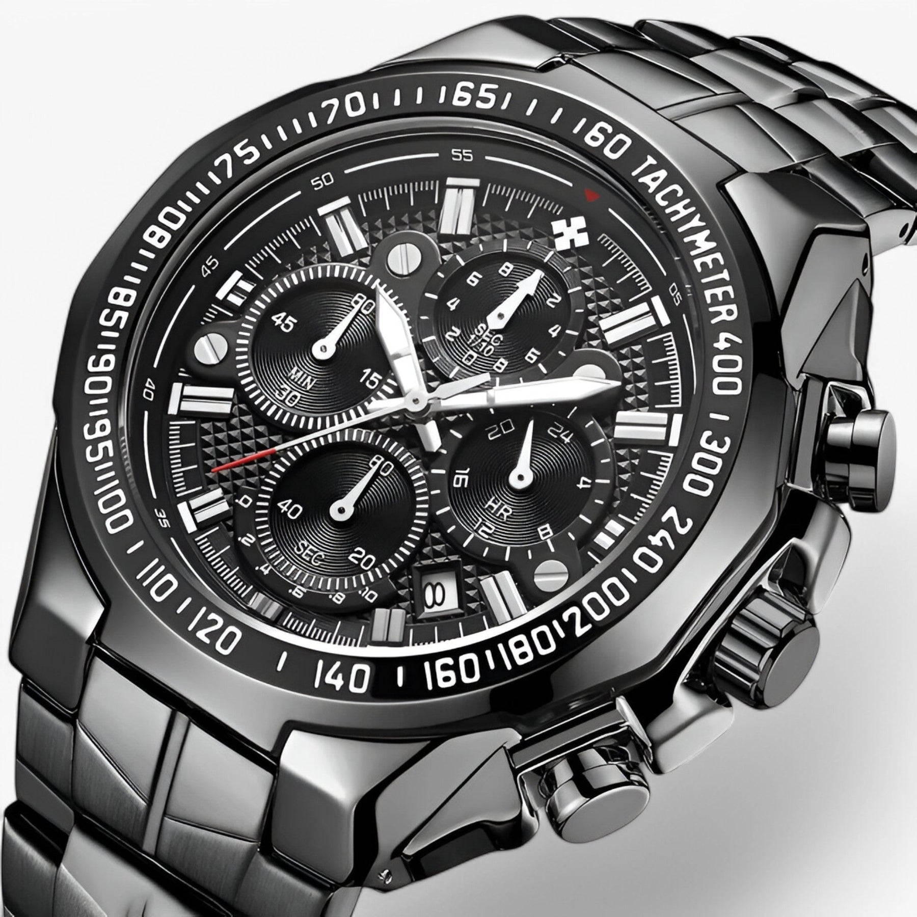 Luxe sporthorloge voor heren van zwart staal, elegante waterdichte chronograaf