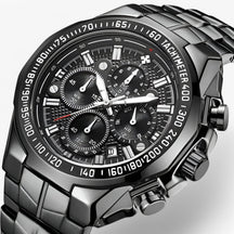 Luxe sporthorloge voor heren van zwart staal, elegante waterdichte chronograaf