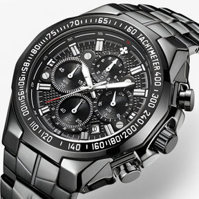 Luxe sporthorloge voor heren van zwart staal, elegante waterdichte chronograaf