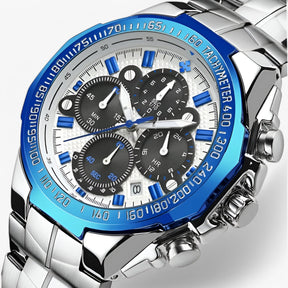 Luxe sporthorloge voor heren van zwart staal, elegante waterdichte chronograaf