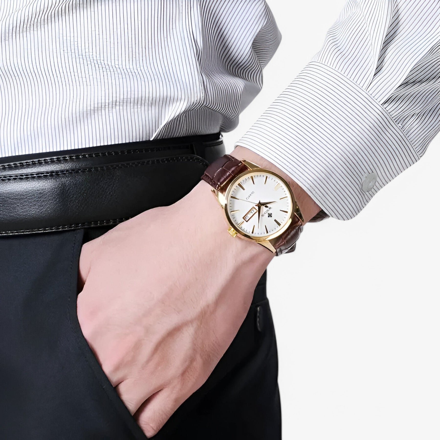 Herenhorloge Klassiek Elegant met Bruin Echt Leren Bandje, Slanke Kast